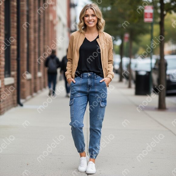 Mom Jean Blue Cargo Jogger Pants - Picture 1 of 6